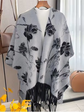 Premium Soft Floral Patterned Cape W/ Fringes